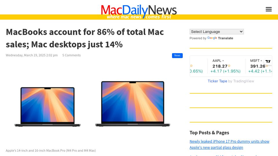 Screenshot of macdailynews.com: MacBooks account for 86% of total Mac sales; Mac desktops just 14%
