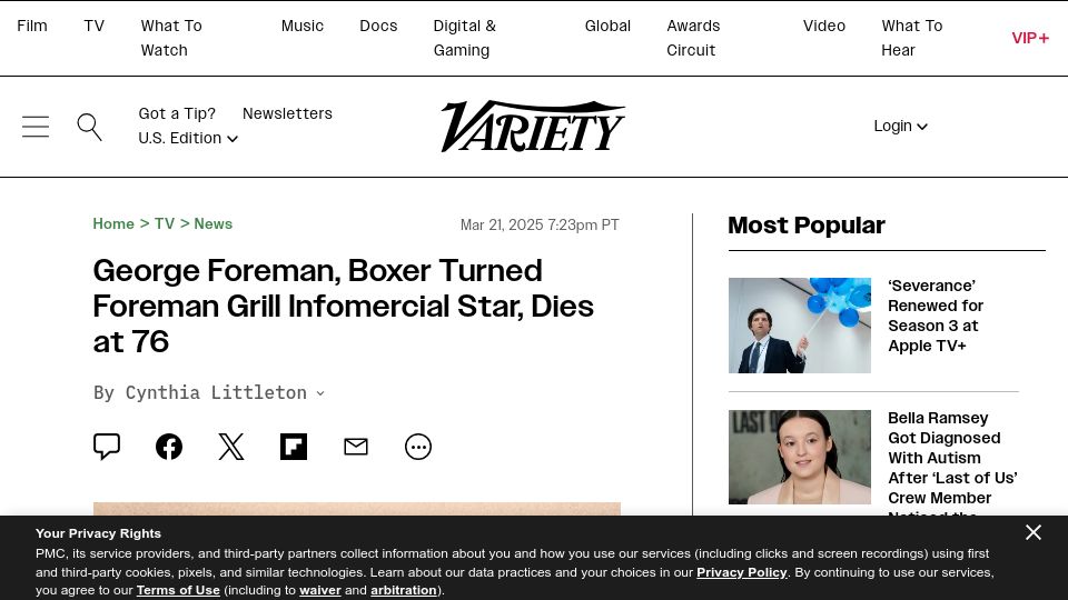 Screenshot of variety.com: George Foreman has died