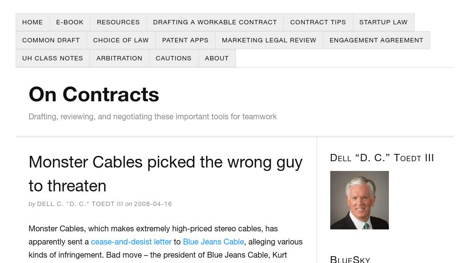 Screenshot of oncontracts.com: Monster Cables picked the wrong guy to threaten (2008)