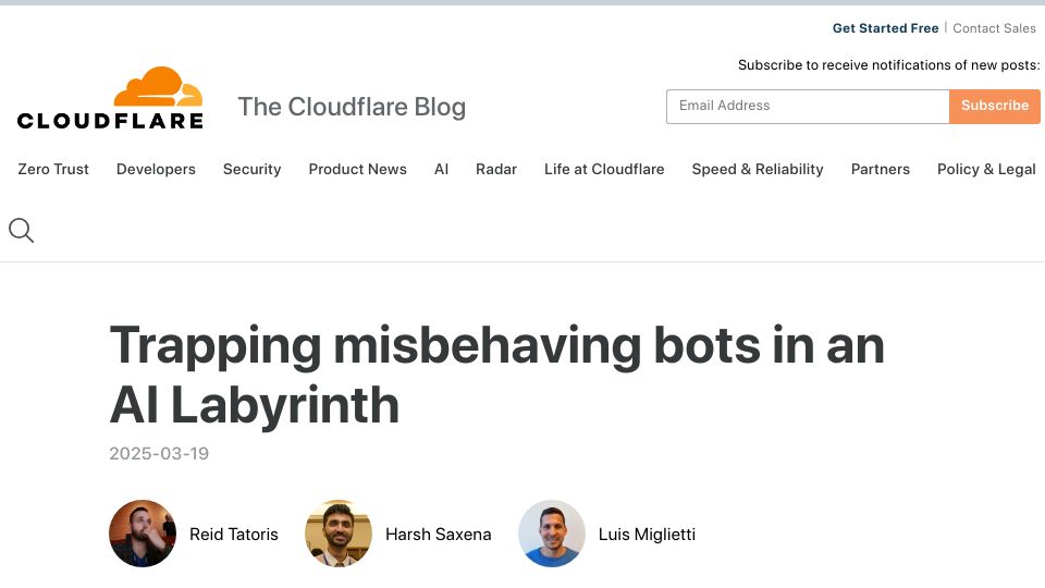 Screenshot of blog.cloudflare.com: Trapping misbehaving bots in an AI Labyrinth