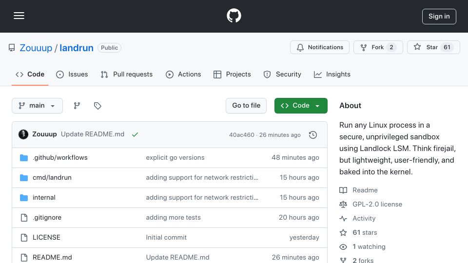 Screenshot of github.com: Landrun: Sandbox any Linux process using Landlock, no root or containers