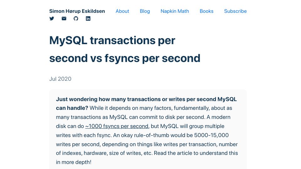Screenshot of sirupsen.com: MySQL transactions per second vs. fsyncs per second (2020)