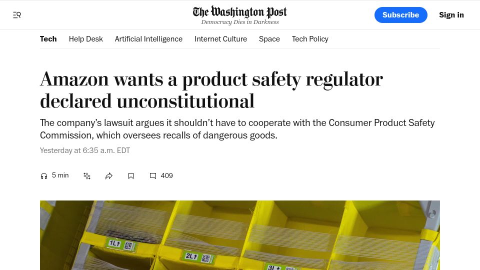 Screenshot of washingtonpost.com: Amazon wants a product safety regulator declared unconstitutional
