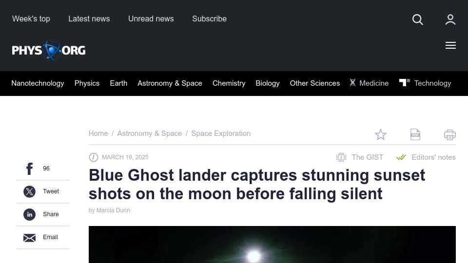 Screenshot of phys.org: Blue Ghost lander captures sunset shots on moon before falling silent