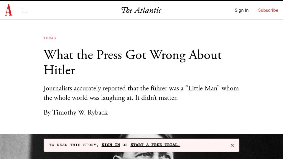Screenshot of theatlantic.com: What the Press Got Wrong About Hitler