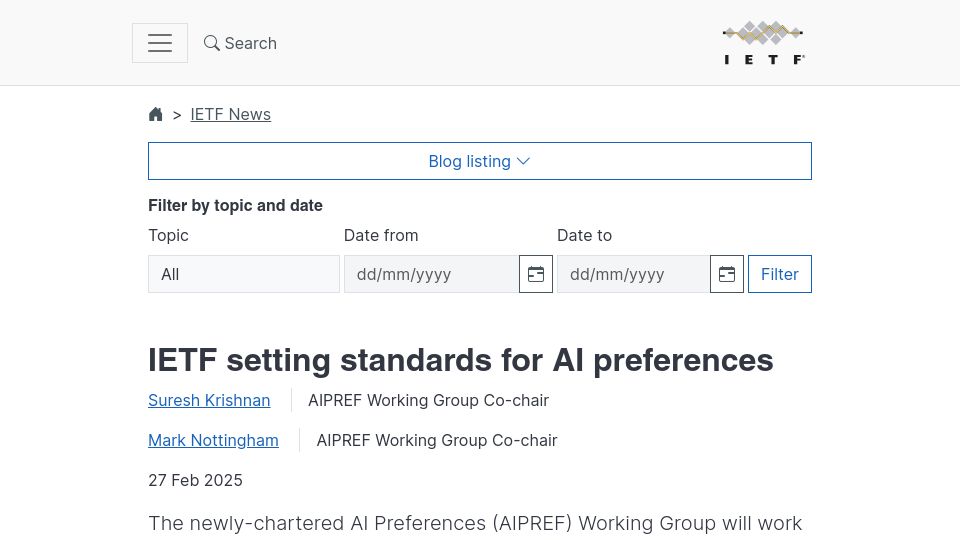 Screenshot of ietf.org: IETF setting standards for AI preferences