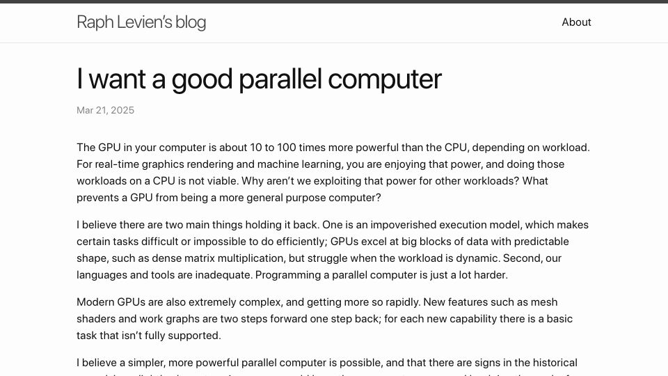 Screenshot of raphlinus.github.io: I want a good parallel computer