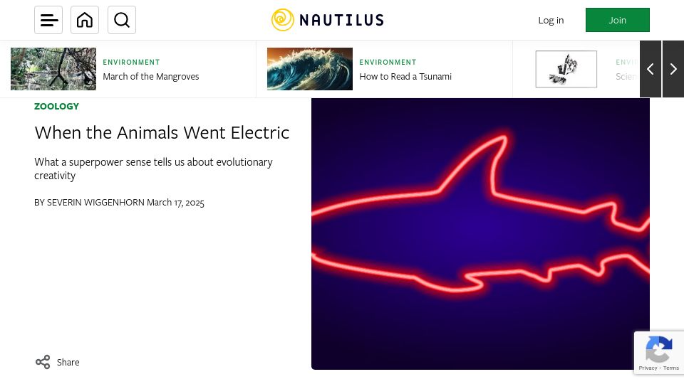 Screenshot of nautil.us: When the Animals Went Electric