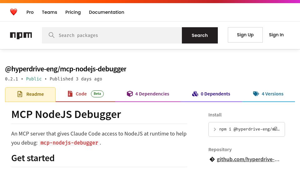 Screenshot of npmjs.com: Show HN: We made an MCP server so Cursor can debug Node.js on its own