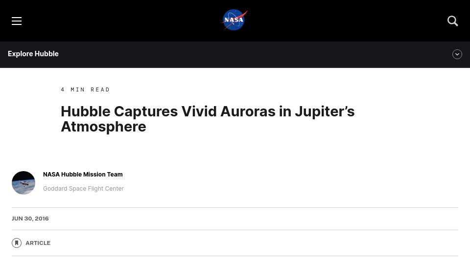 Screenshot of science.nasa.gov: Hubble Captures Vivid Auroras in Jupiter's Atmosphere (2016)