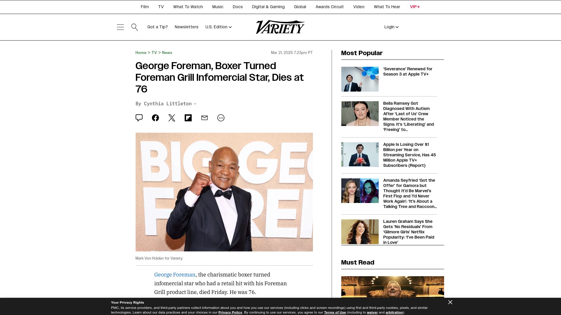 Screenshot of variety.com: George Foreman has died