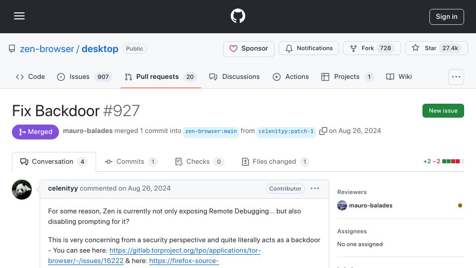 Screenshot of github.com: Zen browser had a backdoor enabled by default
