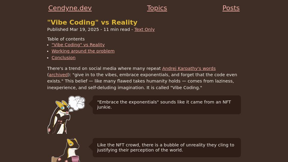 Screenshot of cendyne.dev: “Vibe Coding” vs. Reality