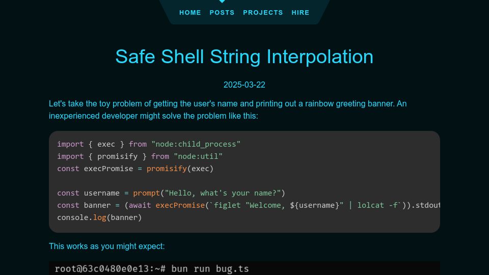 Screenshot of samwing.dev: Safe Shell String Interpolation