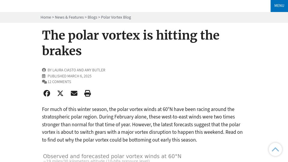 Screenshot of climate.gov: The polar vortex is hitting the brakes