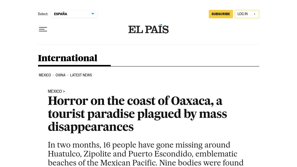 Screenshot of english.elpais.com: Horror on the coast of Oaxaca, a tourist paradise plagued by mass disappearances