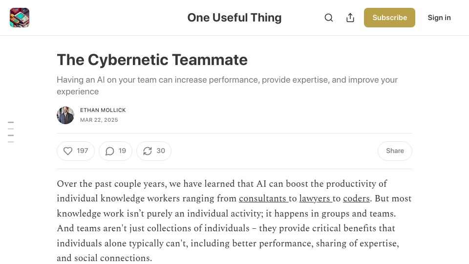 Screenshot of oneusefulthing.org: The Cybernetic Teammate