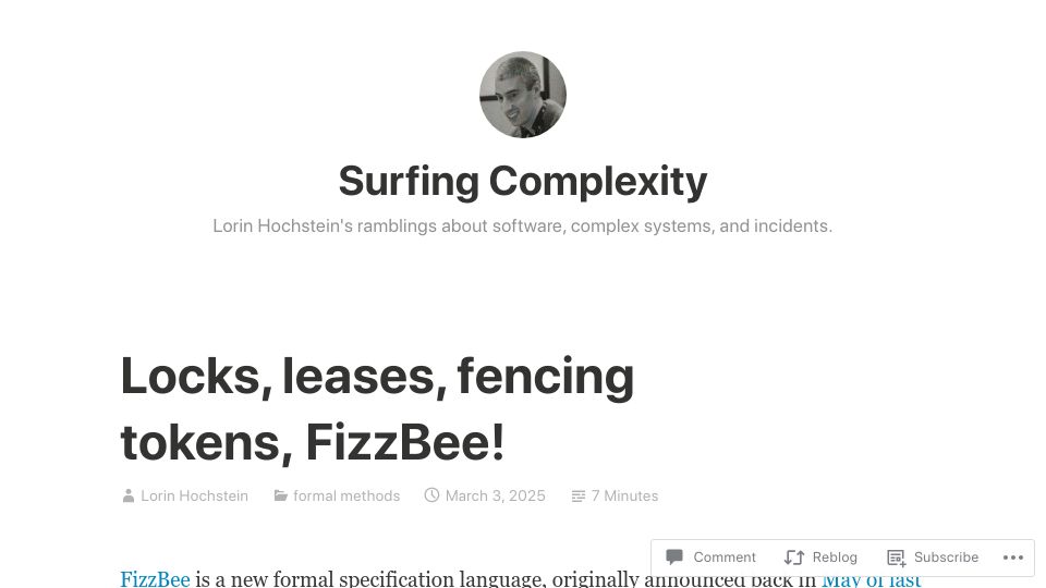 Screenshot of surfingcomplexity.blog: Locks, leases, fencing tokens, FizzBee