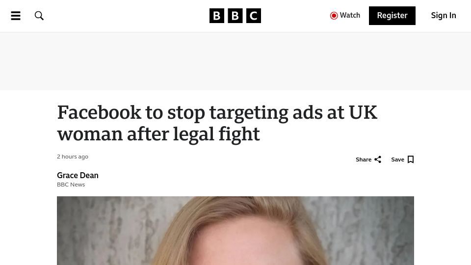 Screenshot of bbc.co.uk: Facebook to stop targeting ads at UK woman after legal fight