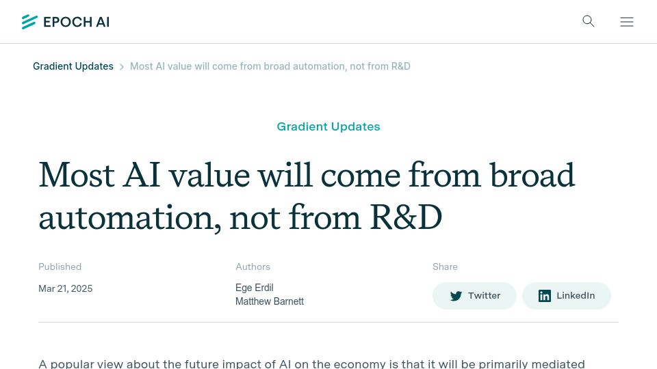 Screenshot of epoch.ai: Most AI value will come from broad automation, not from R & D