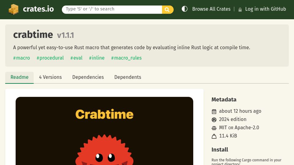 Screenshot of crates.io: Crabtime: Zig’s Comptime in Rust