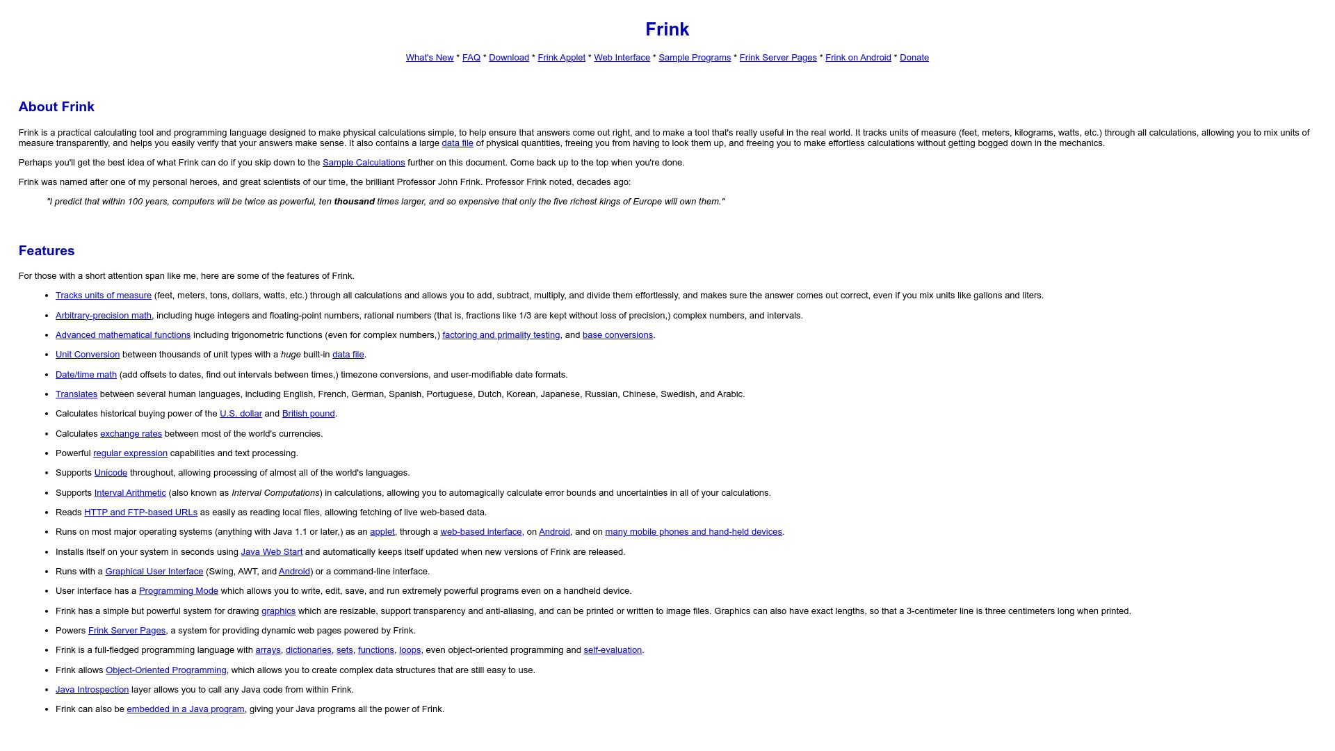 Screenshot of frinklang.org: Frink
