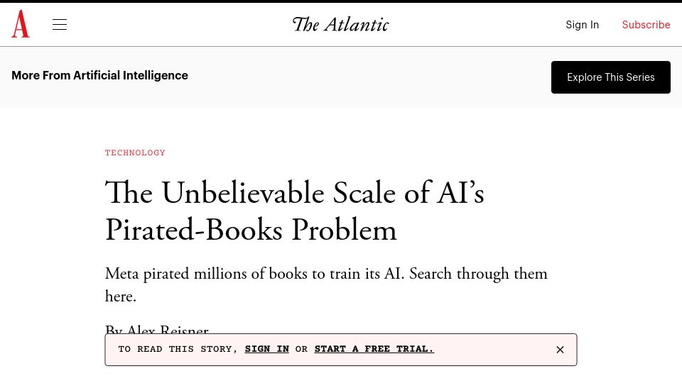 Screenshot of theatlantic.com: Meta pirated books to train its AI