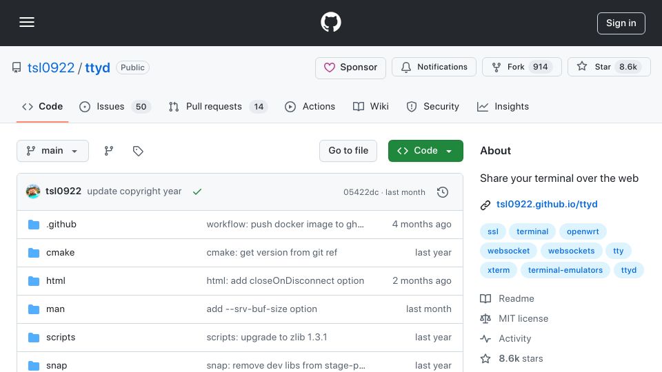 Screenshot of github.com: Ttyd – Share your terminal over the web