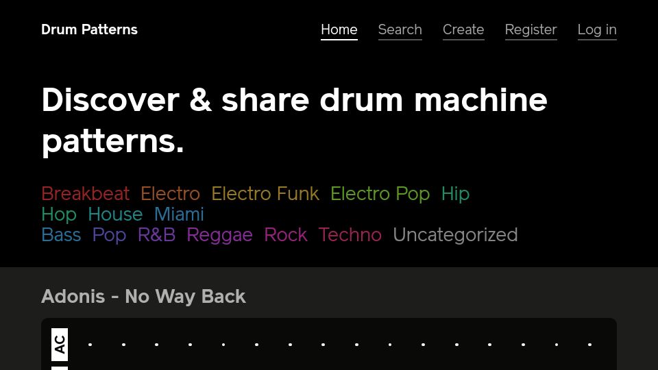 Screenshot of drumpatterns.onether.com: Show HN: I built a website for sharing drum patterns