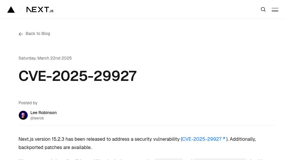 Screenshot of nextjs.org: Next.js version 15.2.3 has been released to address a security vulnerability