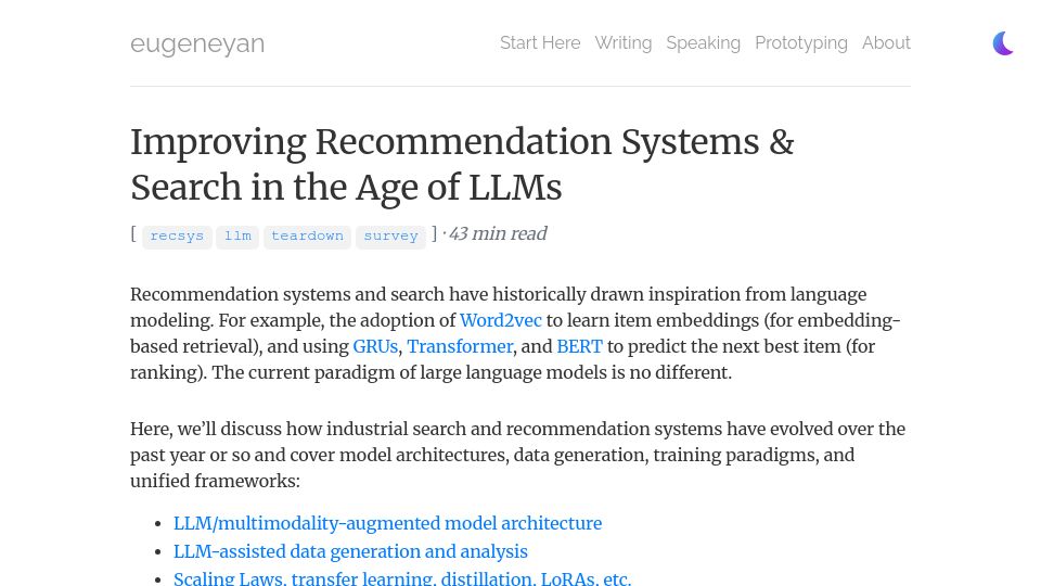 Screenshot of eugeneyan.com: Improving recommendation systems and search in the age of LLMs