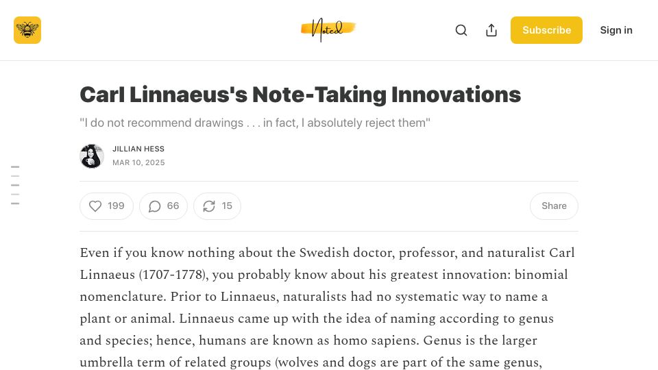 Screenshot of jillianhess.substack.com: Carl Linnaeus's note-taking innovations