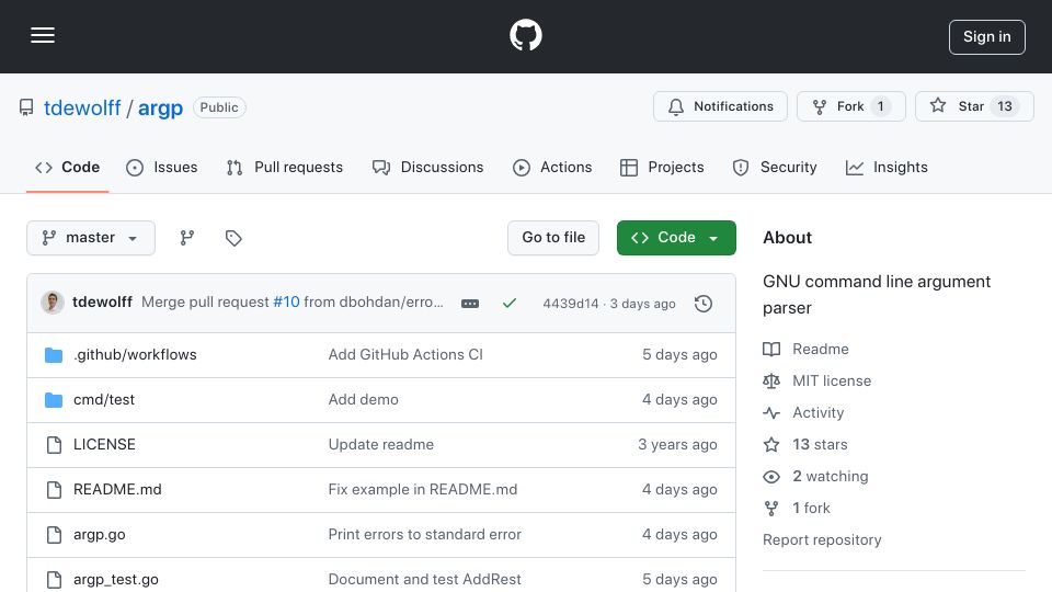 Screenshot of github.com: argp: GNU-style command line argument parser for Go