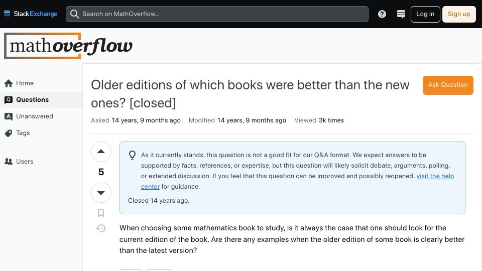 Screenshot of mathoverflow.net: Older editions of which books were better than the new ones?