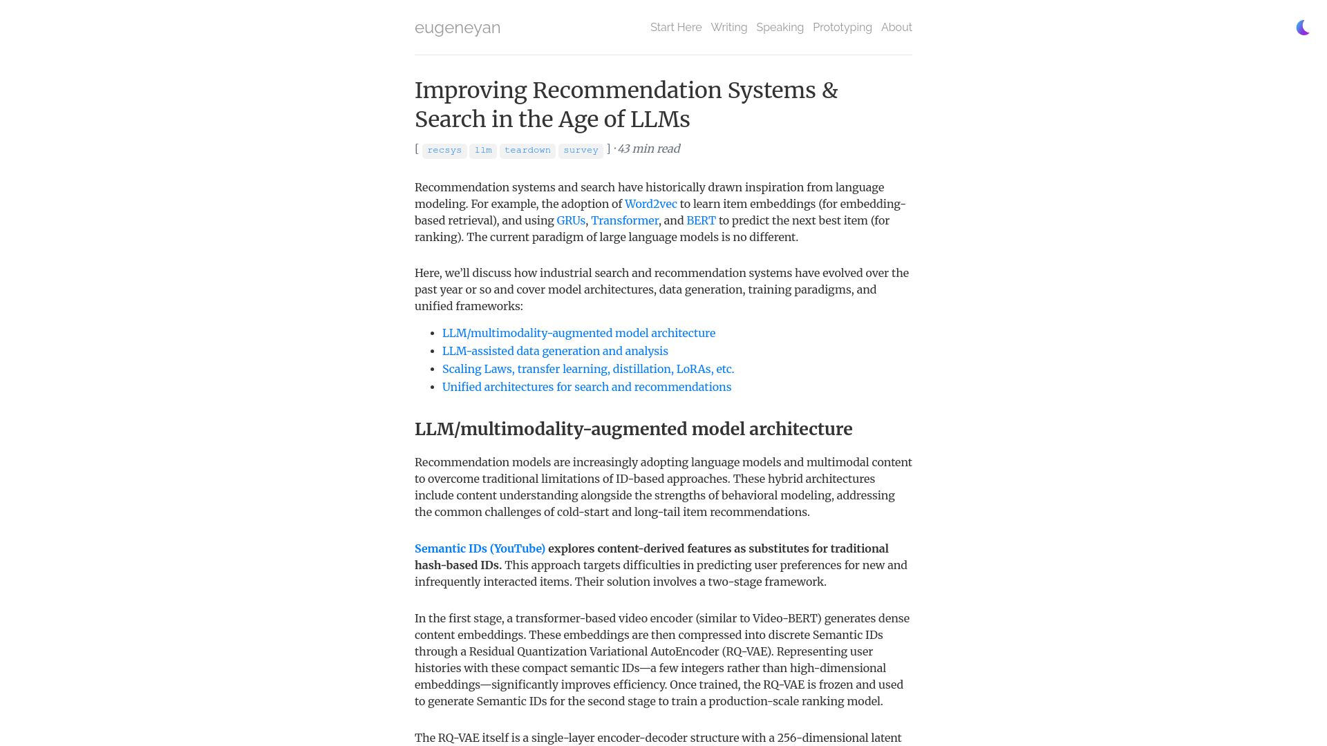 Screenshot of eugeneyan.com: Improving recommendation systems and search in the age of LLMs