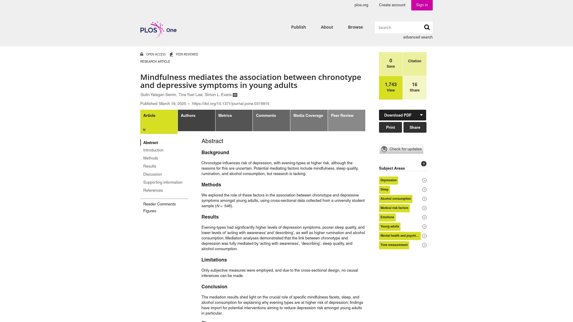 Screenshot of journals.plos.org: Mindfulness mediates the association between chronotype and depressive symptoms