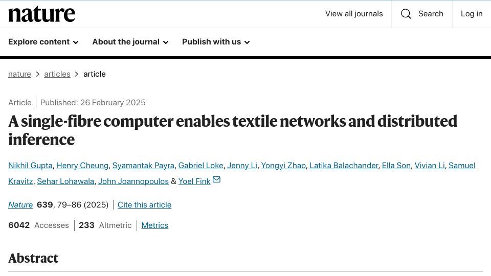 Screenshot of nature.com: A single-fibre computer enables textile networks and distributed inference