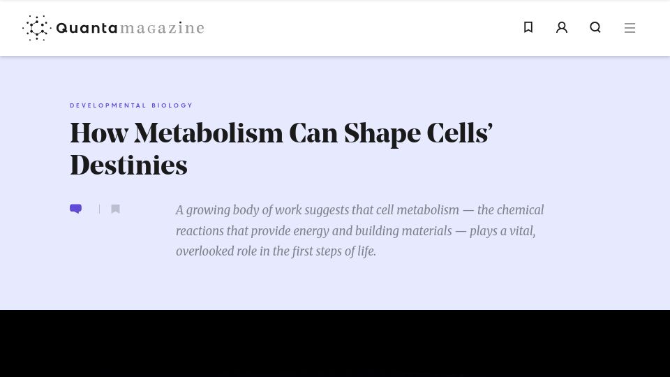 Screenshot of quantamagazine.org: Metabolism Can Shape Cells' Destinies