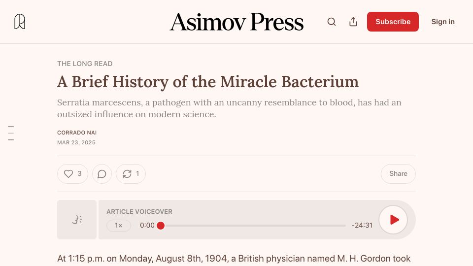 Screenshot of asimov.press: A Brief History of the Miracle Bacterium