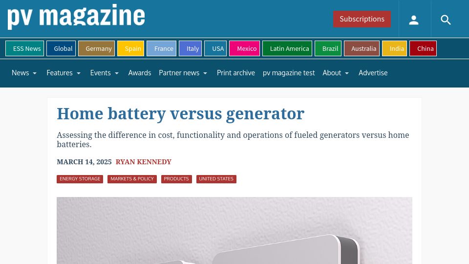 Screenshot of pv-magazine-usa.com: Home Battery versus Generator