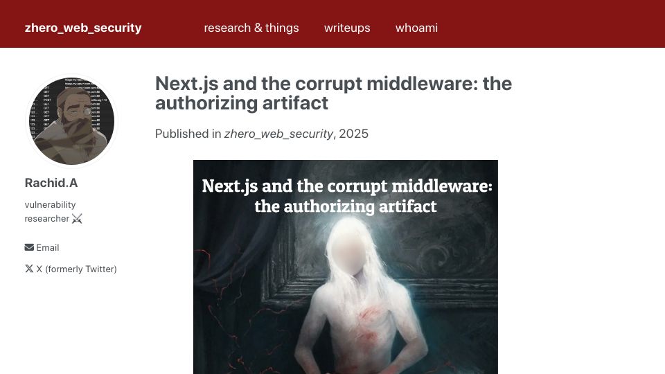 Screenshot of zhero-web-sec.github.io: Next.js and the corrupt middleware: the authorizing artifact