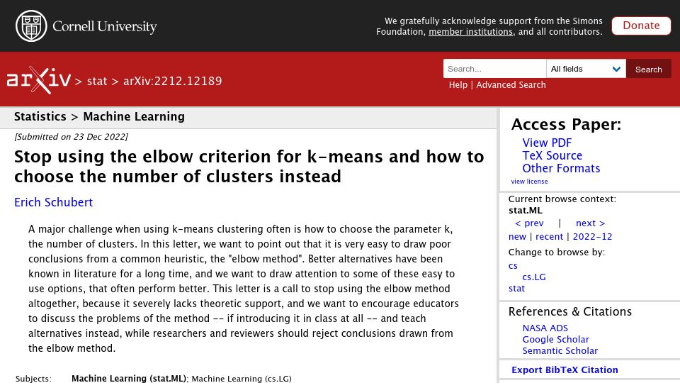 Screenshot of arxiv.org: Stop using the elbow criterion for k-means