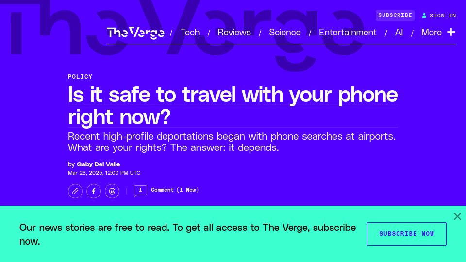 Screenshot of theverge.com: Is it safe to travel to the United States with your phone?
