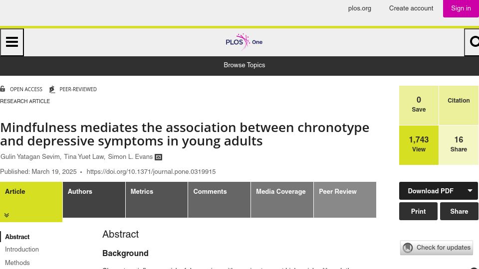 Screenshot of journals.plos.org: Mindfulness mediates the association between chronotype and depressive symptoms
