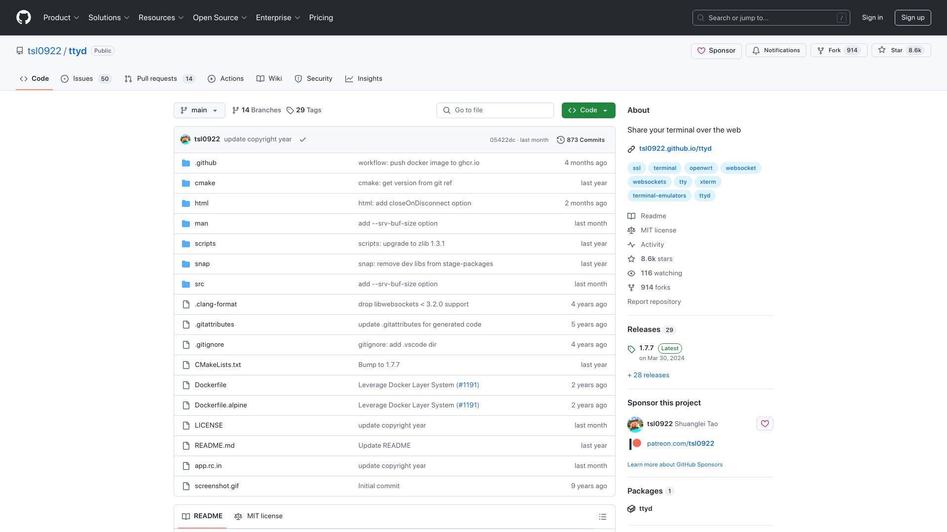 Screenshot of github.com: Ttyd – Share your terminal over the web
