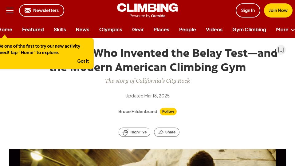 Screenshot of climbing.com: The belay test and the modern American climbing gym