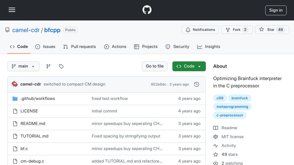 Screenshot of github.com: Optimizing Brainfuck interpreter in the C preprocessor