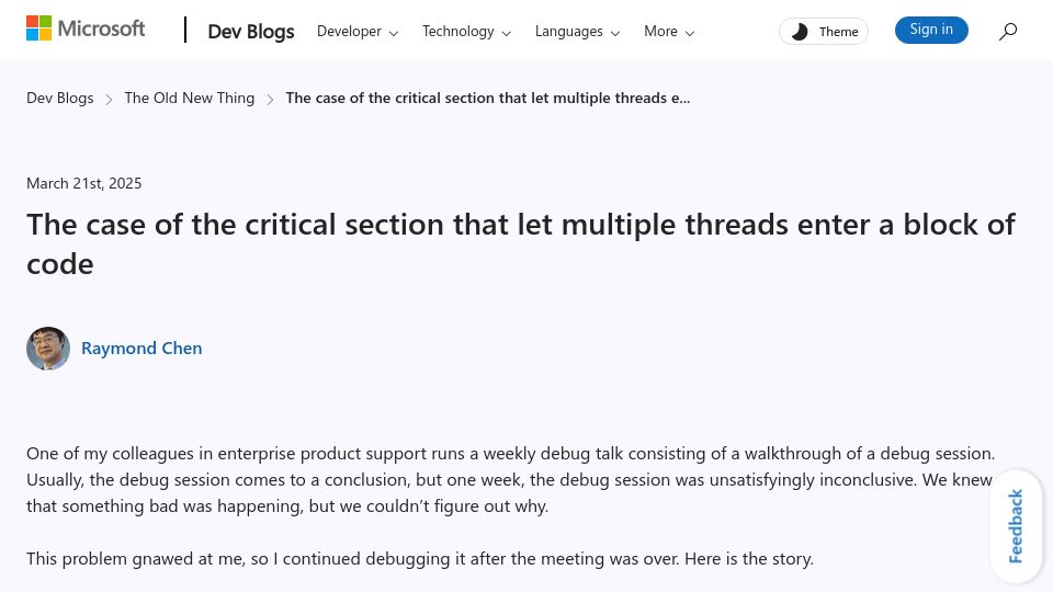 Screenshot of devblogs.microsoft.com: The case of the critical section that let multiple threads enter a block of code
