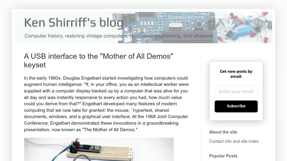 Screenshot of righto.com: A USB Interface to the "Mother of All Demos" Keyset