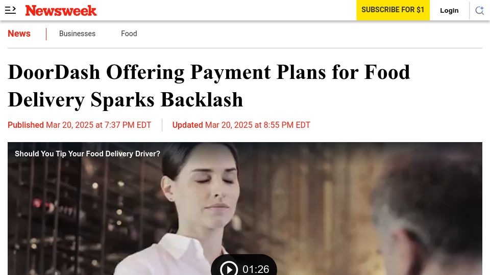 Screenshot of newsweek.com: DoorDash Offering Payment Plans for Food Delivery Sparks Backlash